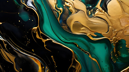 Abstract painting using spirit ink, with wave motif and marble texture. Liquid design with gold accents, luxury wallpaper background with embossed elements.