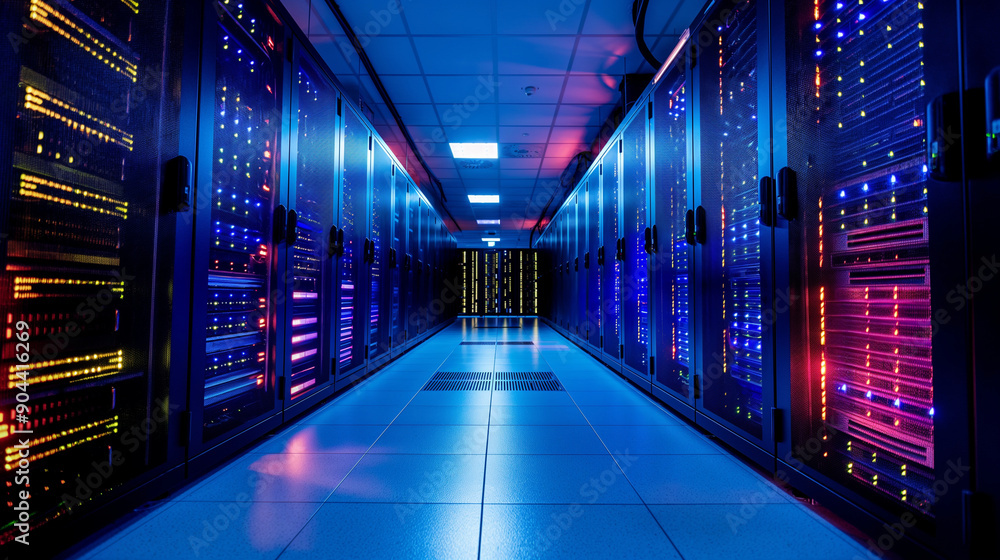 Poster an expansive server room with advanced networking and storage solutions