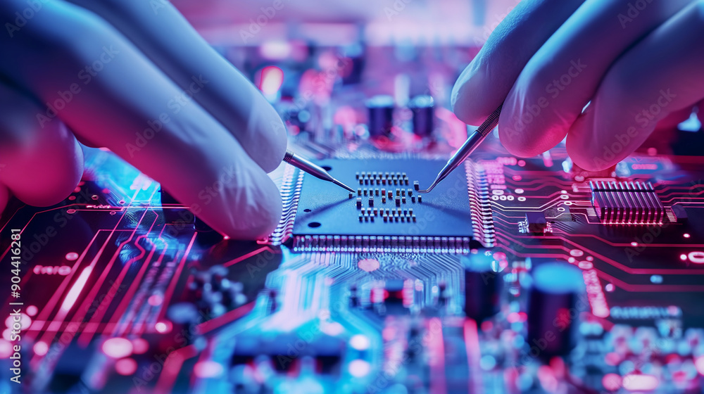 Poster close-up of a technician assembling components on a modern microchip