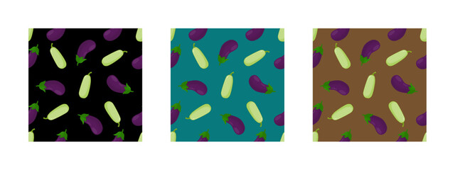A beautiful pattern featuring green courgettes and eggplants, set against a colorful background.