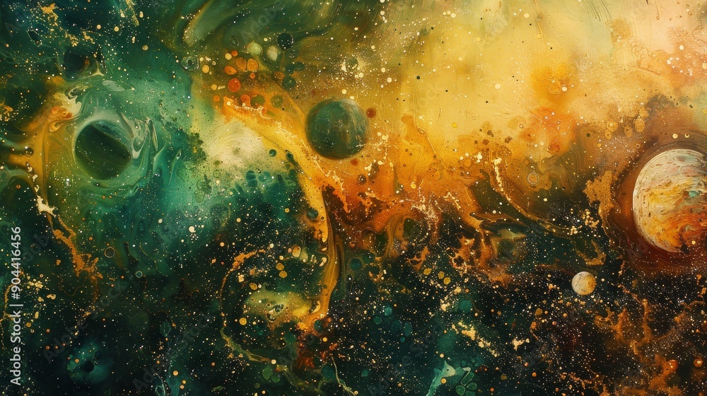 Canvas Prints A captivating watercolor painting depicting a swirling nebula with vibrant hues of green and gold, symbolizing celestial wonder, cosmic energy, the beauty of the universe, the vastness of space, and t