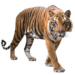 Obraz premium Majestic tiger walking gracefully in search of prey, showcasing its striking orange fur and bold black stripes.