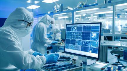 Technicians in a cleanroom operating sophisticated microchip manufacturing equipment