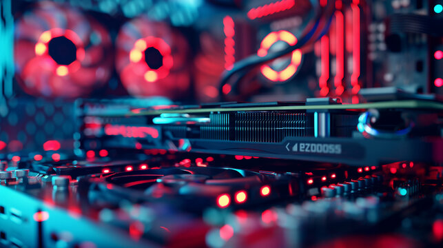 Detailed view of a high-performance video card with RGB lighting and cooling