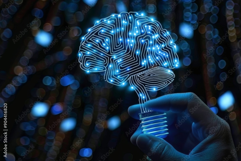 Aufkleber brain lightbulb concept on digital data background symbolizing bright ideas in a connected world.