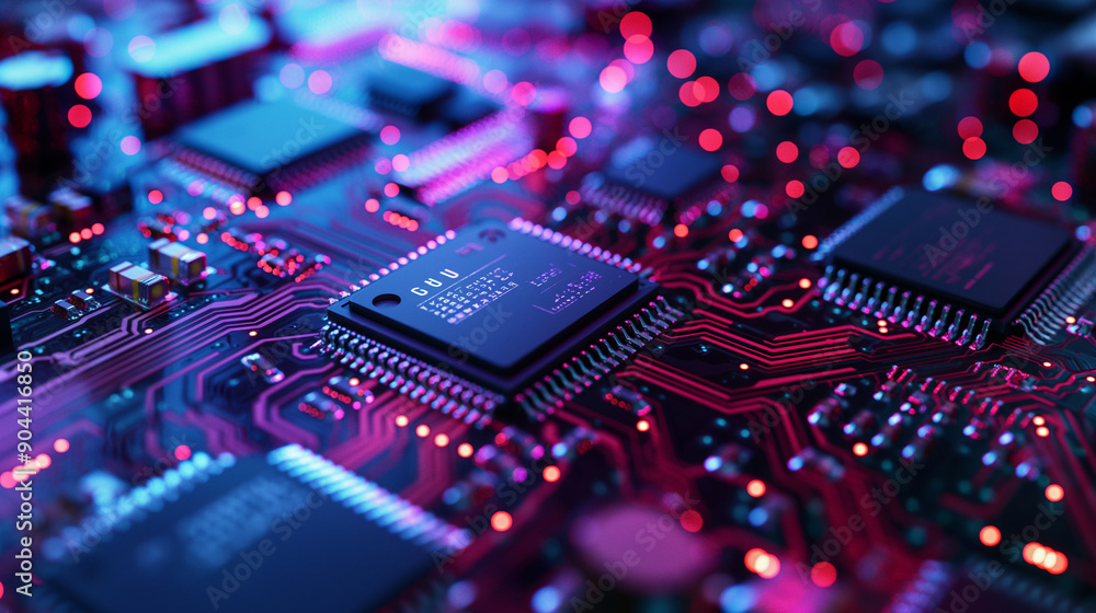 Poster close-up of a modern microchip with intricate circuitry details and cooling technology