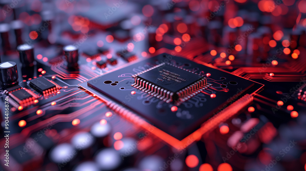 Poster close-up of a modern microchip with intricate circuitry details and cooling technology