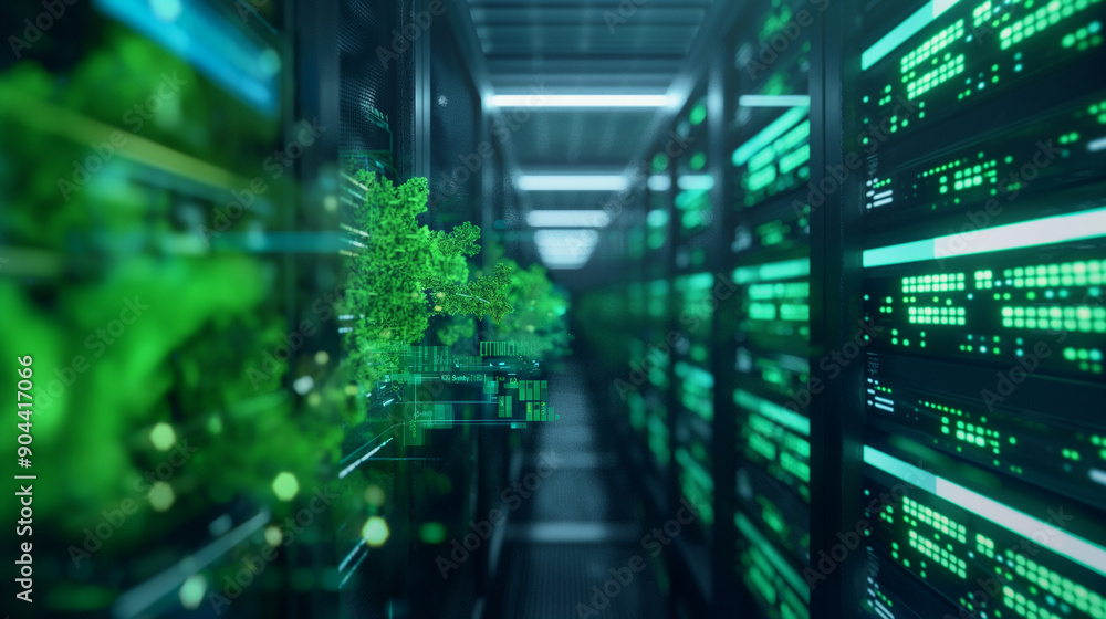 Poster a futuristic data center with energy-efficient infrastructure and green technology