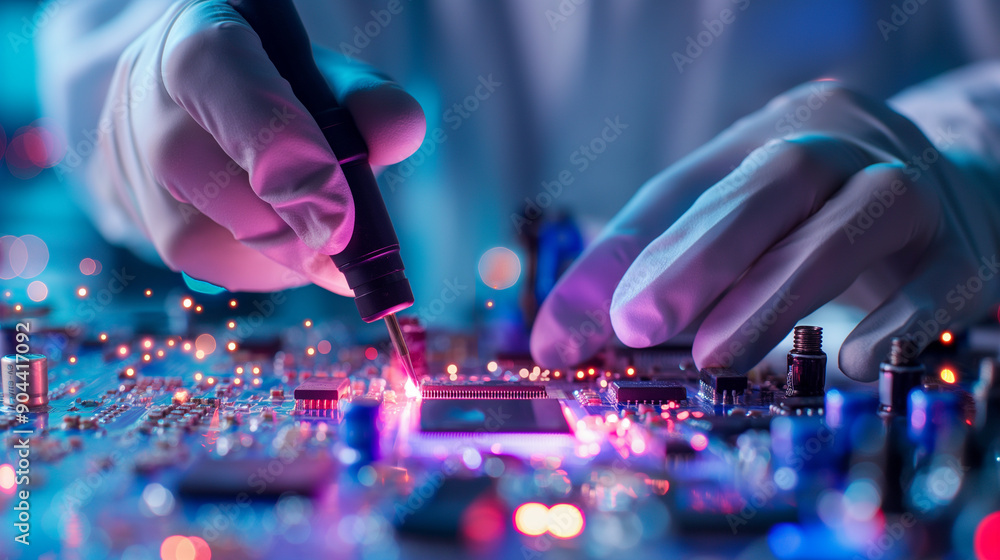 Poster close-up of a technician soldering components on a microchip in a cleanroom