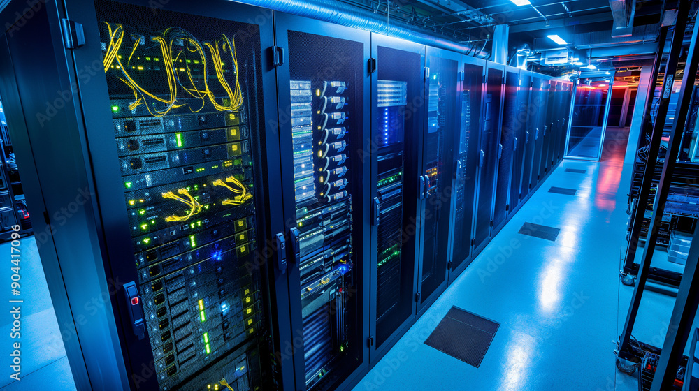 Aufkleber an expansive server room with advanced networking equipment and cooling systems