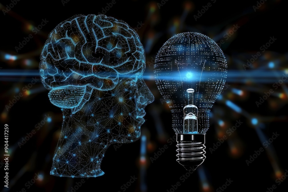 Poster technologically advanced brain in a lightbulb highlighting cognitive science and futuristic intellig