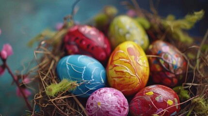 A close-up of a nest filled with colorful Easter eggs, symbolizing spring, new beginnings, celebration, and hope.