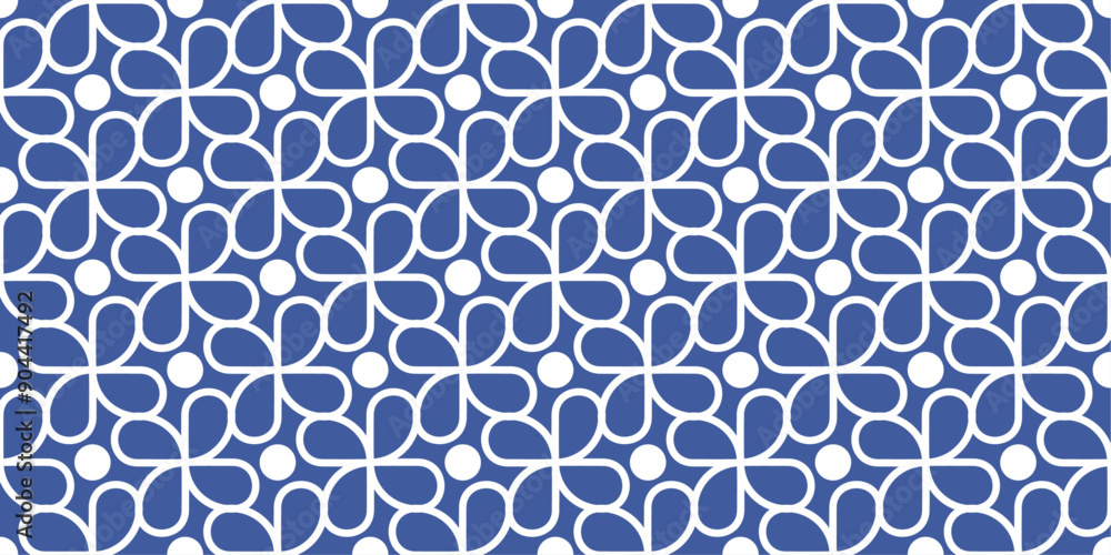 Poster Four petals and circles, vector blue pattern. Seamless repeating pattern of geometric screws and circles. Blue background.