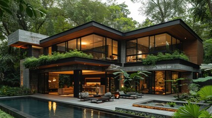 Obraz premium Contemporary Luxury Villa with Concrete and Glass Walls in Manila Jungle