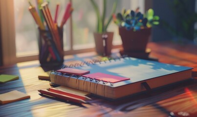 Spiral-bound notebook with sticky notes
