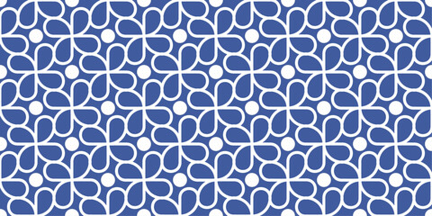 Four petals and circles, vector blue pattern. Seamless repeating pattern of geometric screws and circles. Blue background.