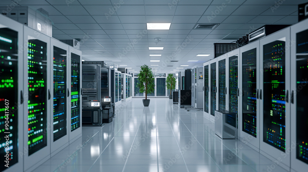 Poster a modern server room with automated monitoring and maintenance systems