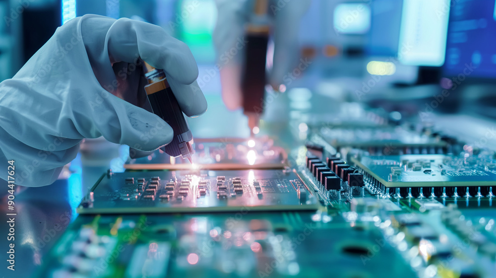 Poster robotic arms assembling the delicate components of microchips in a cleanroom