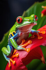 Fototapeta premium The Red-eyed Tree Frog, a symbol of tropical beauty, is captured in perfect detail, showcasing the intricate beauty of nature. The vibrant green body, striking red eye. generative AI