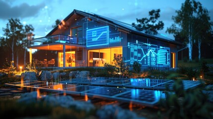 Obraz premium A solar-powered home with a sophisticated energy management system, displaying energy production and storage metrics on a digital interface.