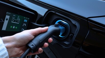 Naklejka premium Hand insert EV charger plug into electric vehicle to recharge EV car, battery status display on smartphone EV application. Future alternative clean and sustainable energy for transportation. Perpetual