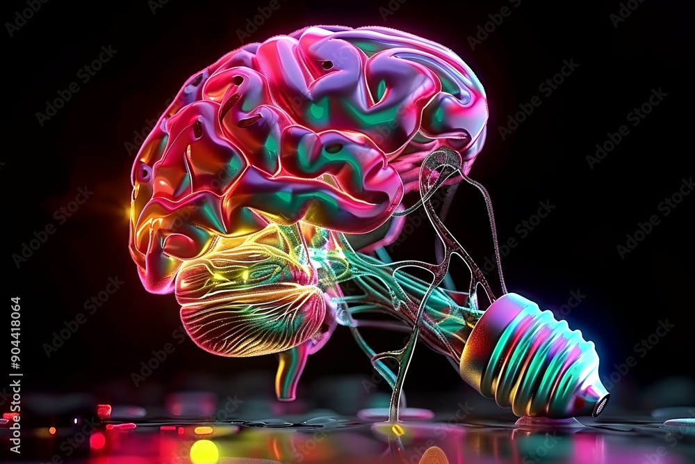 Poster electric brain model with vibrant threads illustrating complex thought processes and neural connecti