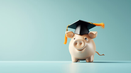 Piggy bank wearing a graduation cap on a light blue background, representing education savings, student loans, or financial literacy.