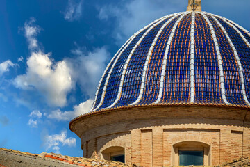 Detail of the blue and white ceramic tiled dome of the church of San Nicolas de Requena, Valencia,...
