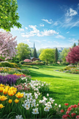 magic of nature's artistry.  perfect balance of color and texture, with blooming flowers taking center stage on a lush green lawn. generative AI