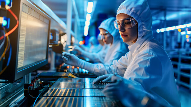 Workers in a semiconductor factory inspecting silicon wafers and components