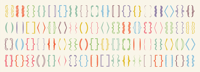 Shaded text brackets, colorful quotation box. Curly, square and corner parentheses. Vintage typographical symbol, calligraphic quote frame. Doodle, lettering element. Vector illustration