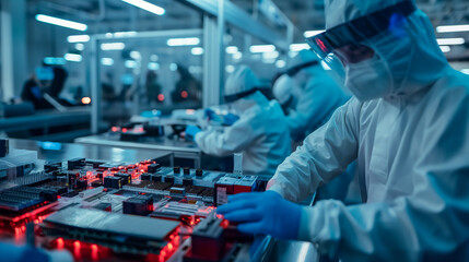 Workers in protective gear handling sensitive components in a semiconductor fab