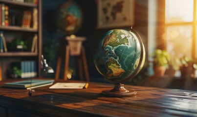 Vintage globe on wooden desk
