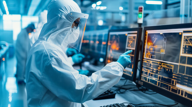 Workers in protective gear handling sensitive components in a semiconductor fab