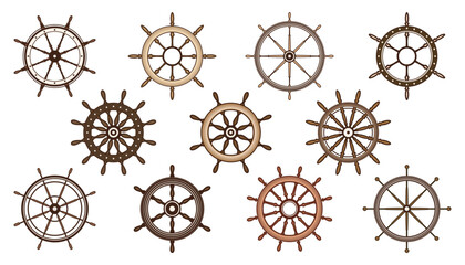 Wooden vintage steering wheels. Ship, sailboat or yacht retro wheel symbol. Brown nautical rudder icon. Marine logotype design element. Vector illustration