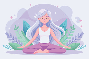 Illustration of cute girl meditating in lotus pose with green plants on the background
