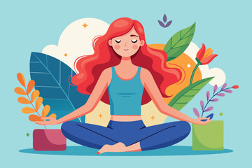 Illustration of cute girl meditating in lotus pose with green plants on the background