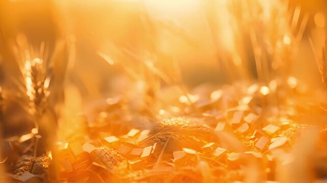 Abstract wheat field with golden confetti. Warm bright summer day. Sunset light.