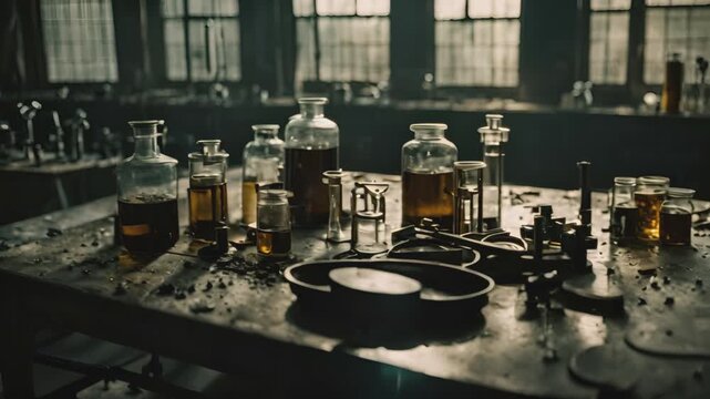 Metal table and glass containers with liquid in dark, old laboratory of some mad scientist. Forbidden experiments, dangerous science concept. Cinematic footage for a science fiction or horror movie.