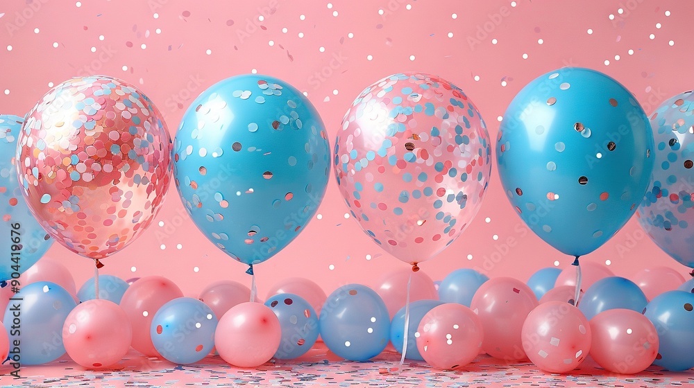 Canvas Prints   A collection of balloons adorned with confetti on a pink backdrop, featuring more confetti