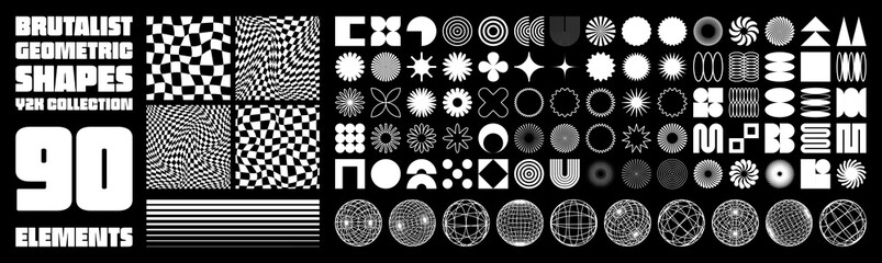 Brutalist geometric shapes, modern symbols. Groovy checkered pattern, distorted tiled grid. Simple elements, forms. Retro design, trendy contemporary minimalist style, y2k. Vector illustration