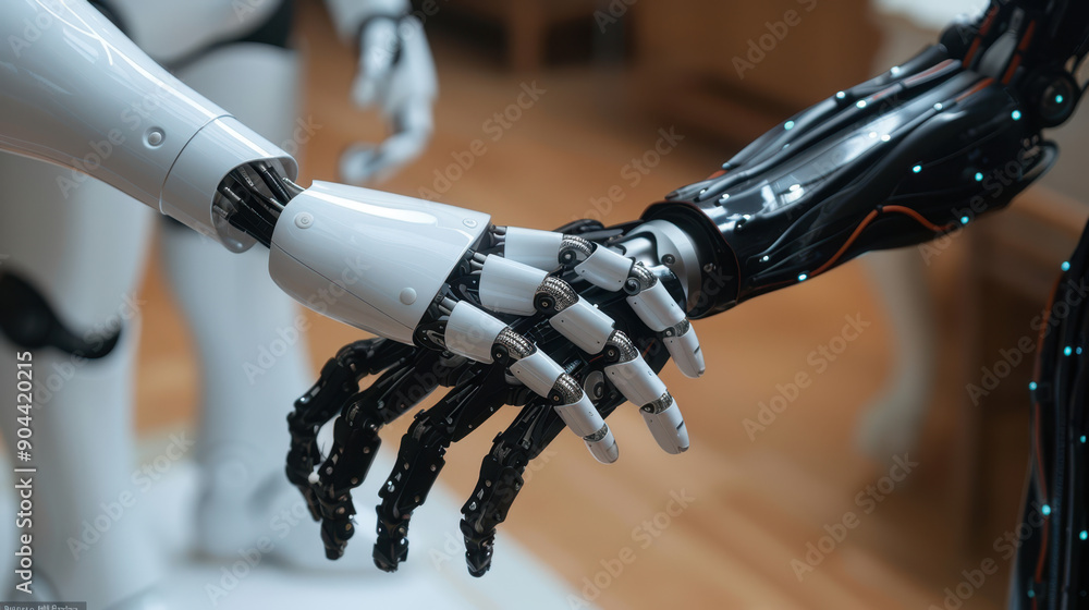 Poster close-up of a robotic hand showcasing advanced technology and innovation in artificial intelligence.