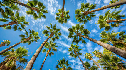 Fototapeta premium View from Below of Palm Trees Background, Tropical Tree Canopy, Majestic Palm Fronds, Lush Greenery, Sunny Sky View, Exotic Tropical Landscape, Nature's Canopy, Vibrant Palm Tree Perspective