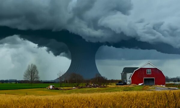 A Red Barn Under a Dramatic Funnel Cloud