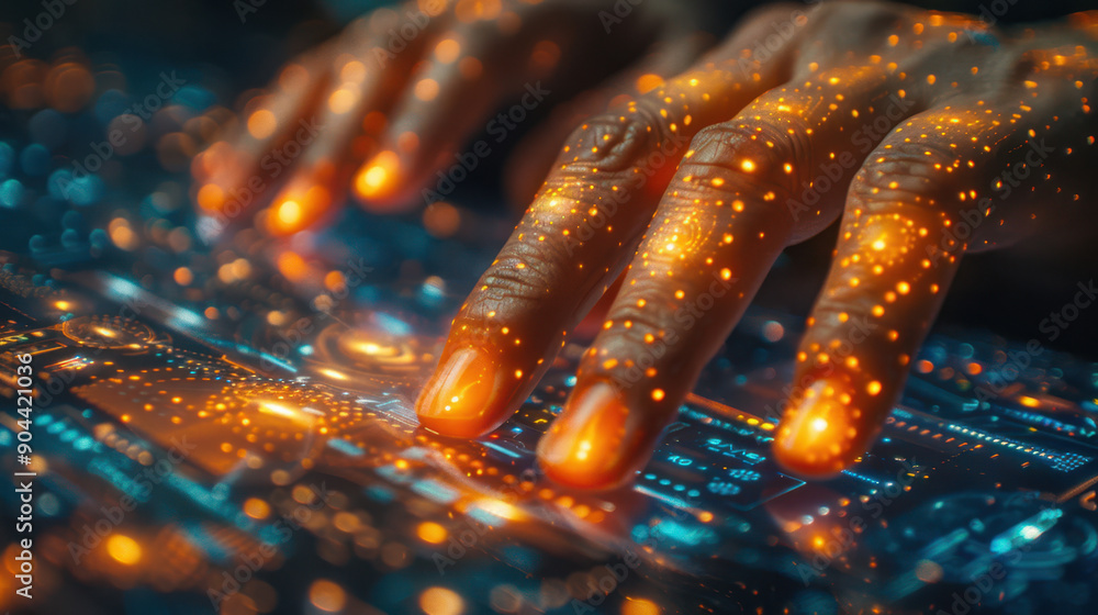 Poster Close-up of hands playing a futuristic keyboard, symbolizing the intersection of technology and creative expression in music.