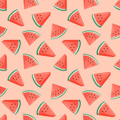 Juicy watermelon slices seamless pattern. Summer fruit flat vector illustration. Tropical fruit background for baby fabric, kids textile, packaging, wrapping, scrapbook, wallpaper.
