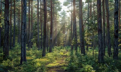 Obraz premium Peaceful forest scene with tall trees and dappled sunlight, natural tranquility