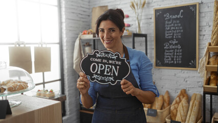 Woman smiling in a bakery holding an open sign, surrounded by bread and pastries with a menu board in the background