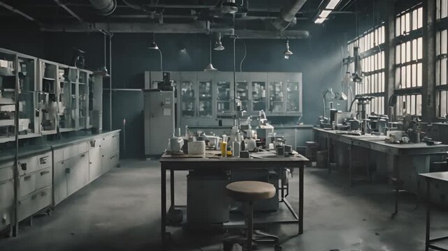 Metal table and glass containers with liquid in dark, old laboratory of some mad scientist. Forbidden experiments, dangerous science concept. Cinematic footage for a science fiction or horror movie.
