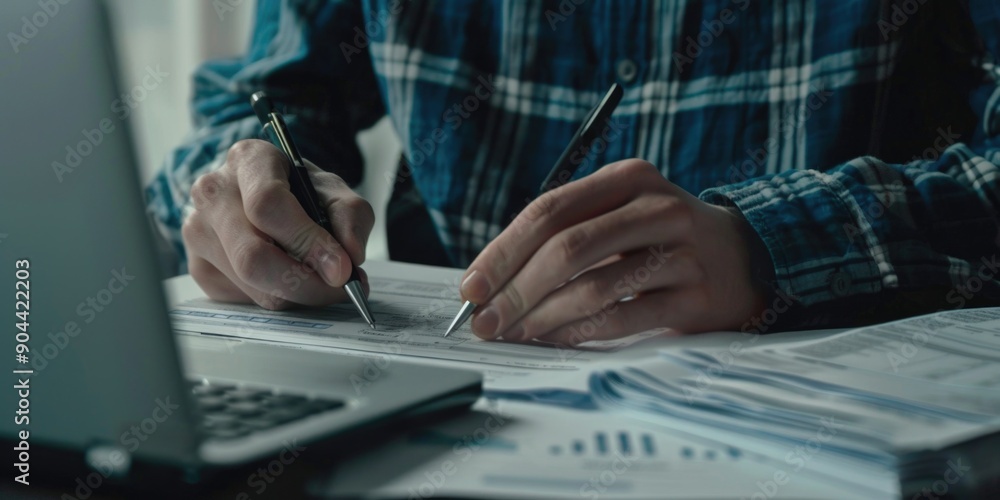 Poster handwritten notes and data analysis on paper in a modern office environment.